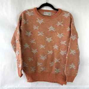 LeShop Orange Knit Sweater Star Print Womens Size Large Crewneck Pullover